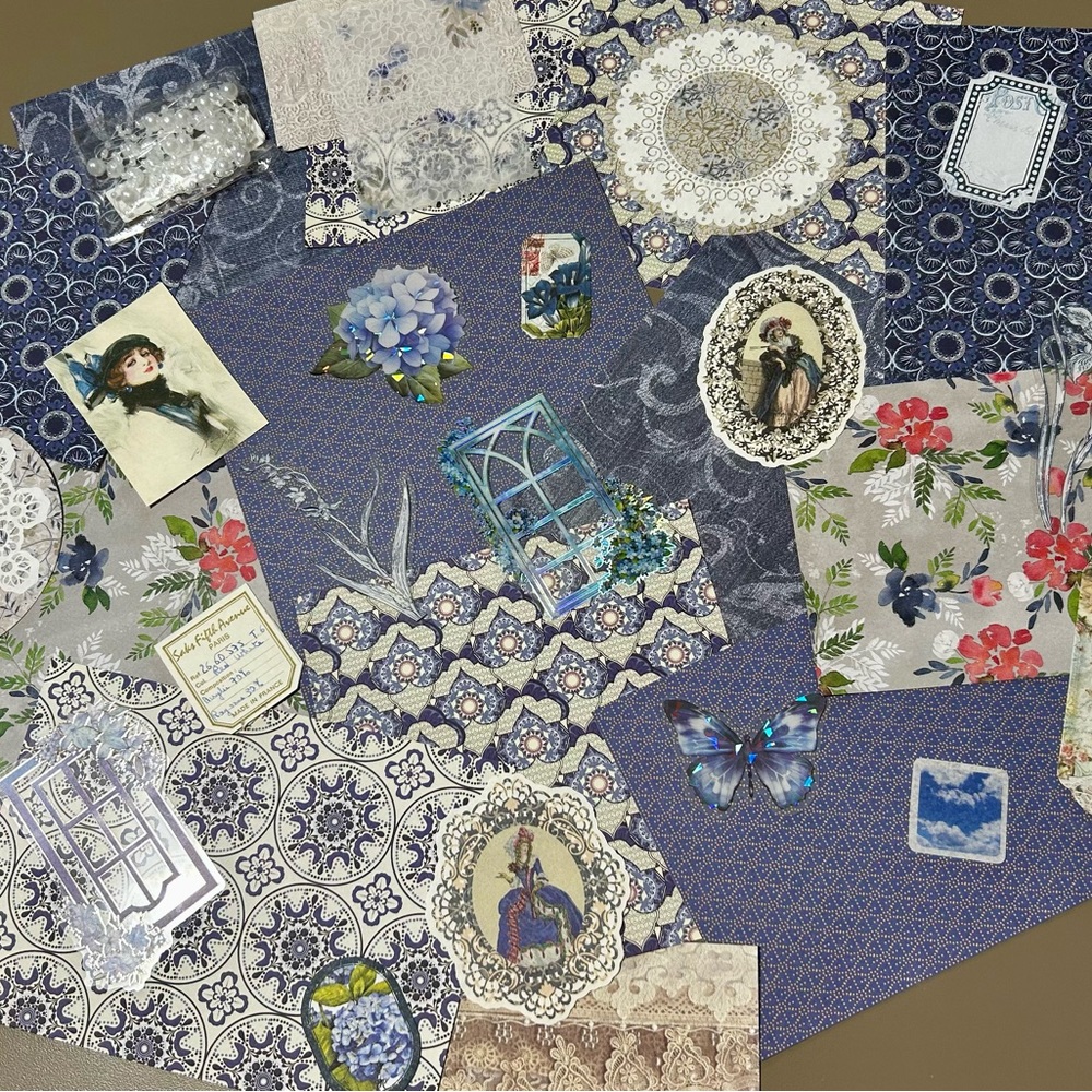 Blue Victorian Garden themed junk journal scrapbook kit
